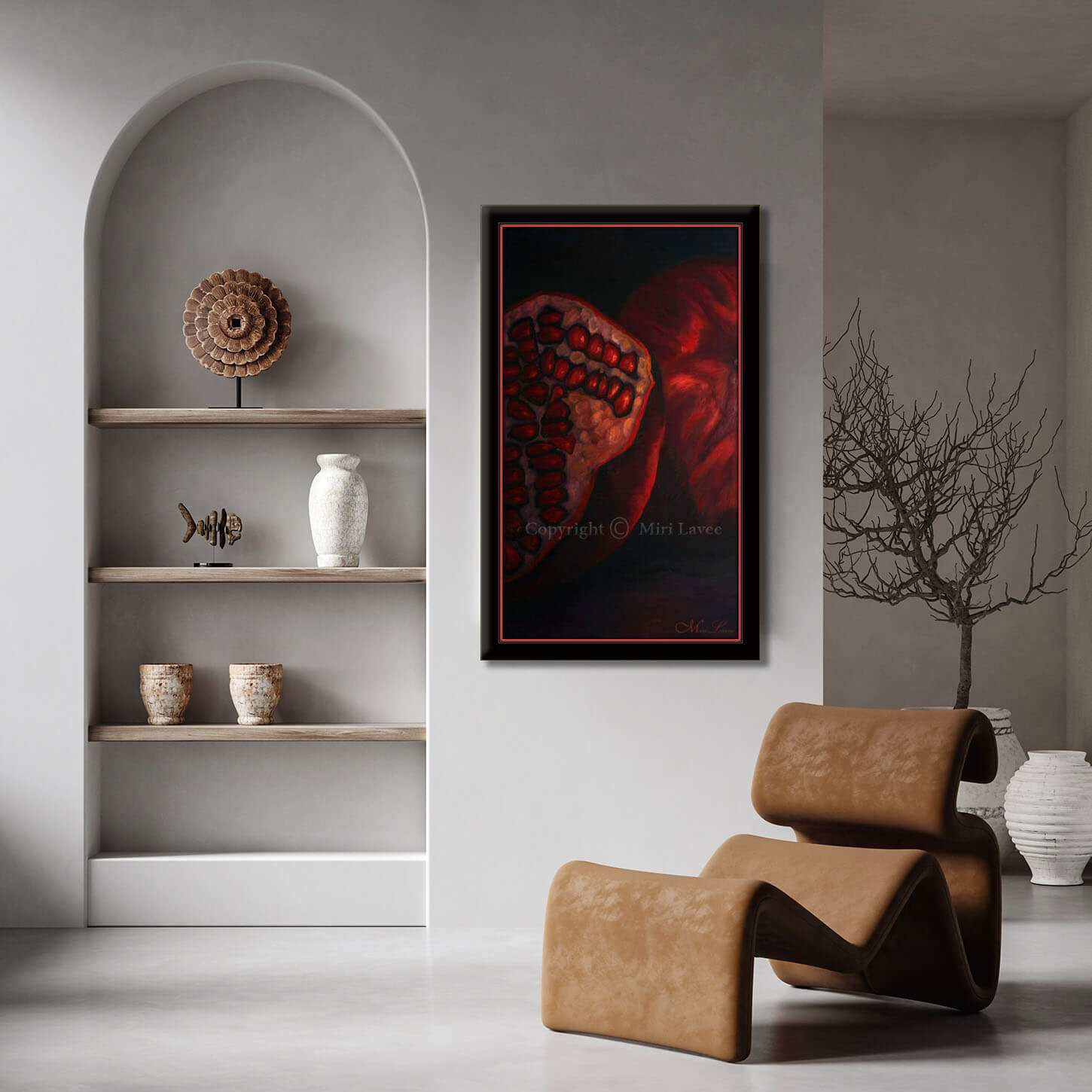 ציור שמן גדול של רימונים בסלון מודרני ציירת מירי לביא