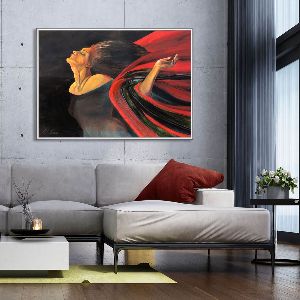 ציור אישה בצבעים שחור ואדום הציור עפה מקולקצית הציורים "צבעי מקסיקו" תמונה בסלון מעוצב מעל ספה בהירה ציירת מירי לביא