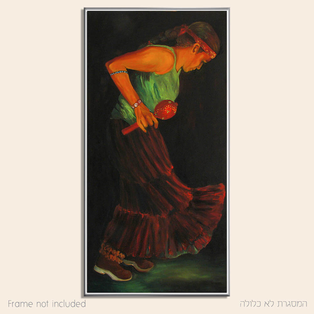 ציור גדול בסגנון מקסיקני אישה רוקדת תמונה על רקע כהה מירי לביא