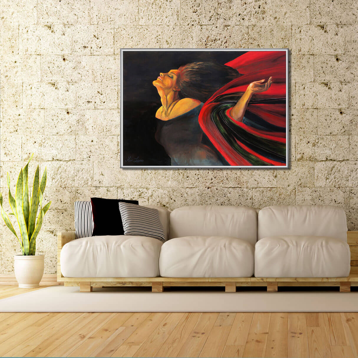 ציור אישה עפה בשחור ואדום מקולקצית הציורים "צבעי מקסיקו" בסלון מעוצב מעל ספה בהירה ציירת מירי לביא