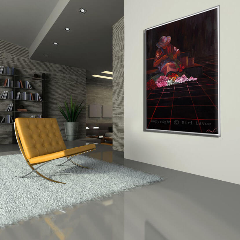 ציור בהשראה מקסיקנית, "מוכרת הפרחים", בצבעים חמים על רקע שחור, מקולקצית הציורים "צבעי מקסיקו", ציירת מירי לביא