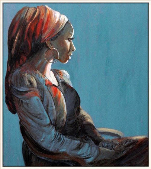 תמונת ציור אישה עם מטפחת לעיצוב הסלון, ציירת מירי לביא