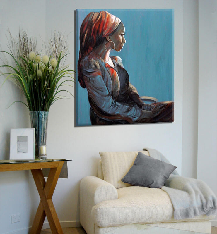 תמונת אישה עם מטפחת לסלון על פי ציור מקורי של מירי לביא