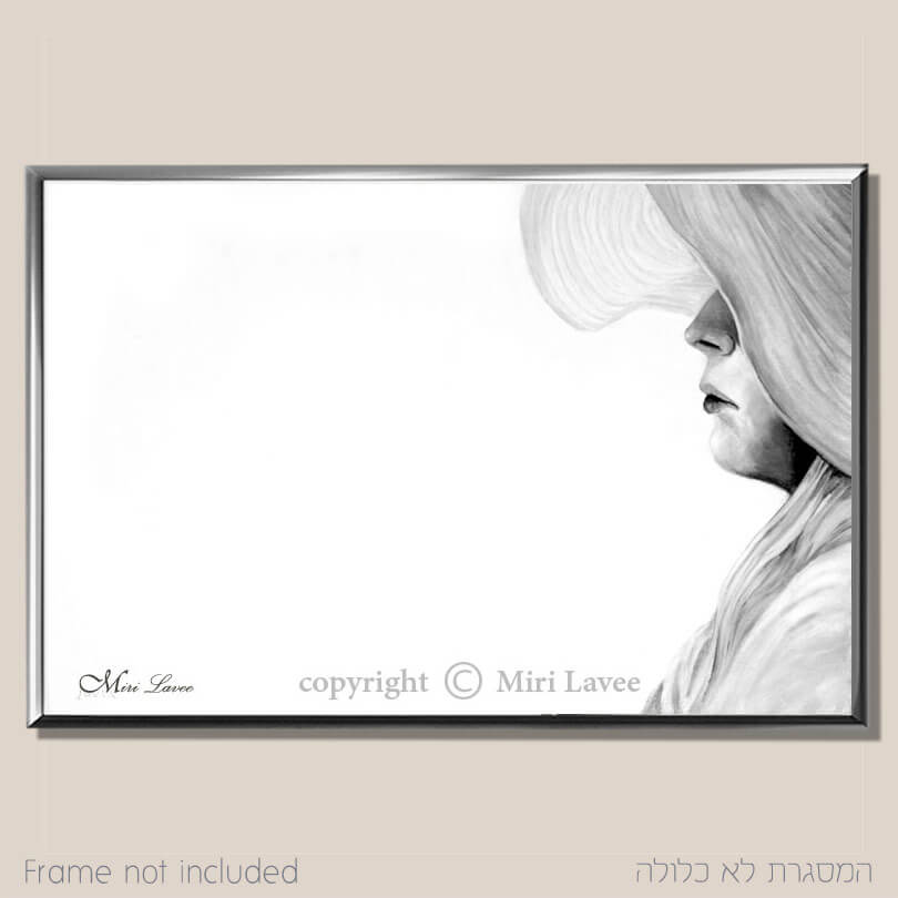 ציור נערה עם כובע מביטה למרחק ציור שמן בגוונים אפורים על רקע לבן בקומפוזיציה מיוחדת שמושכת את העין ציירת מירי לביא