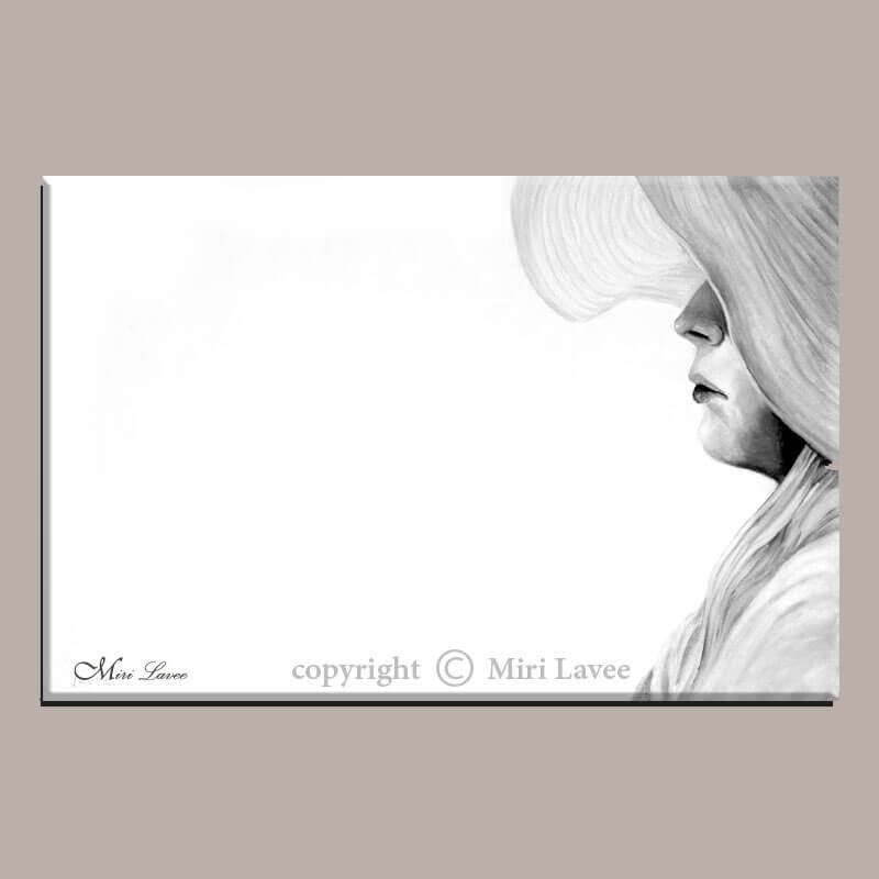 ציור נערה עם כובע, מביטה למרחק ציור שמן בגוונים אפורים על רקע לבן תמונה רגועה וייחודית ציירת מירי לביא