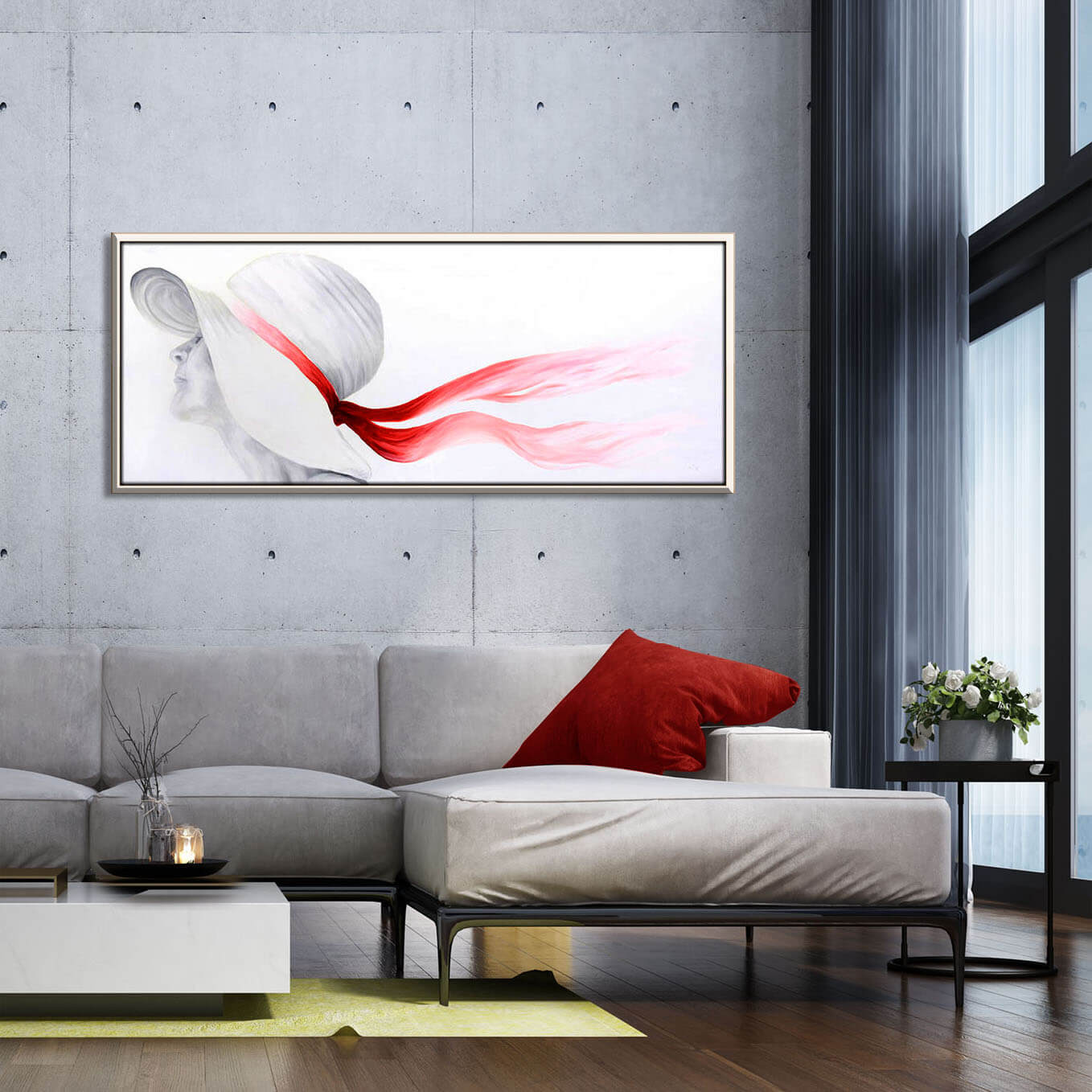 ציור נערה עם כובע וסרט אדום, בגוונים לבן אפור ואדום תמונה גדולה בסלון מעל ספה בהירה ציירת מירי לביא