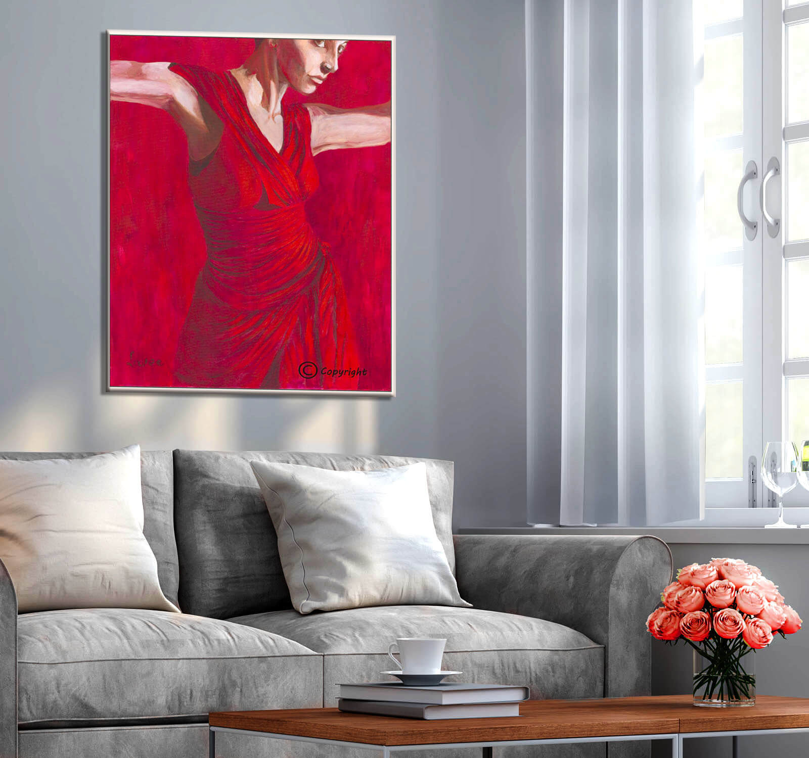 ציור תמונה אדומה מעל הספה אישה רוקדת