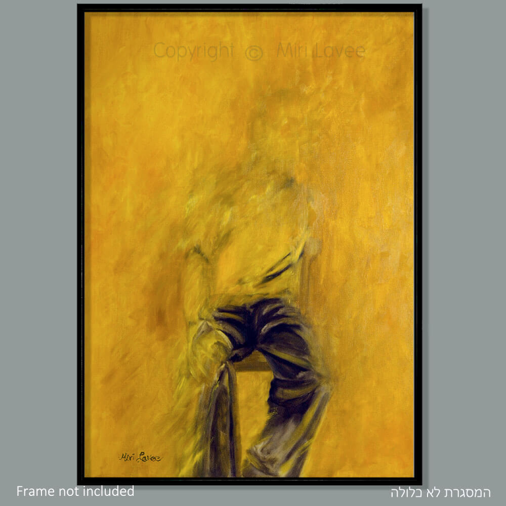 ציור שמן מופשט דמות גבר בציור בהפשטה בשחור על רקע צהוב ציירת מירי לביא