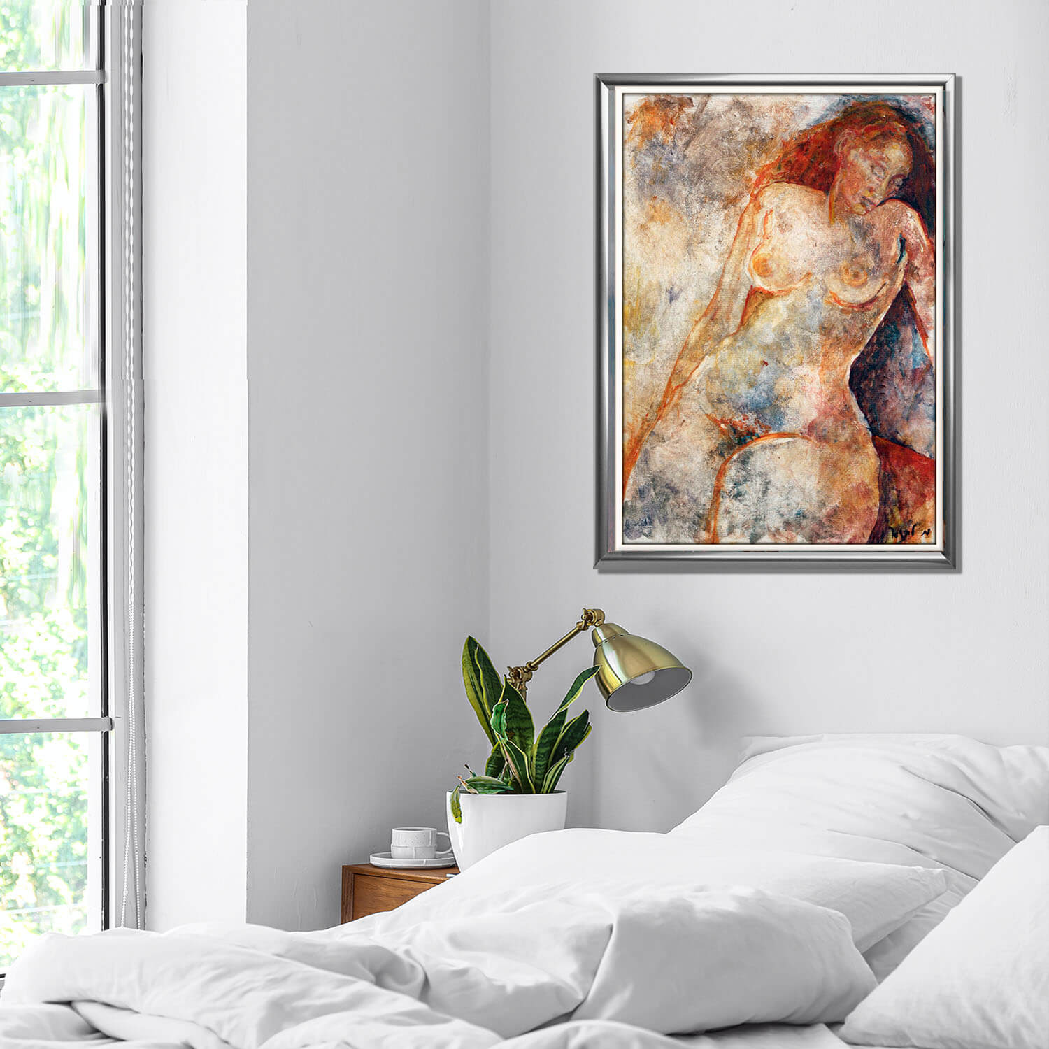 ציור עירום של אדומת שיער מעל המיטה בחדר שינה לבן ציירת מירי לביא