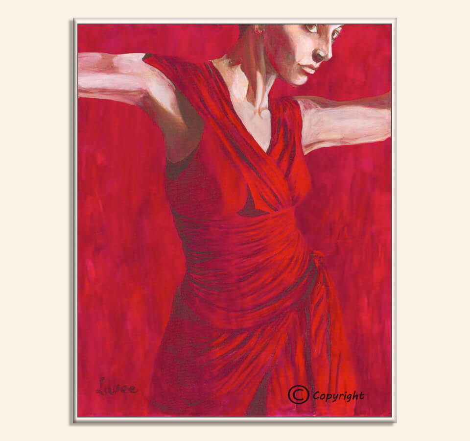 ציור אישה רוקדת בשמלה אדומה ורקע אדום ציירת מירי לביא