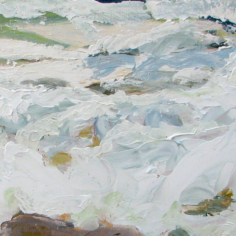 פרט מתוך ציור ים וגלים מתנפצים אל החוף עם קצף לבן ציירת מירי לביא