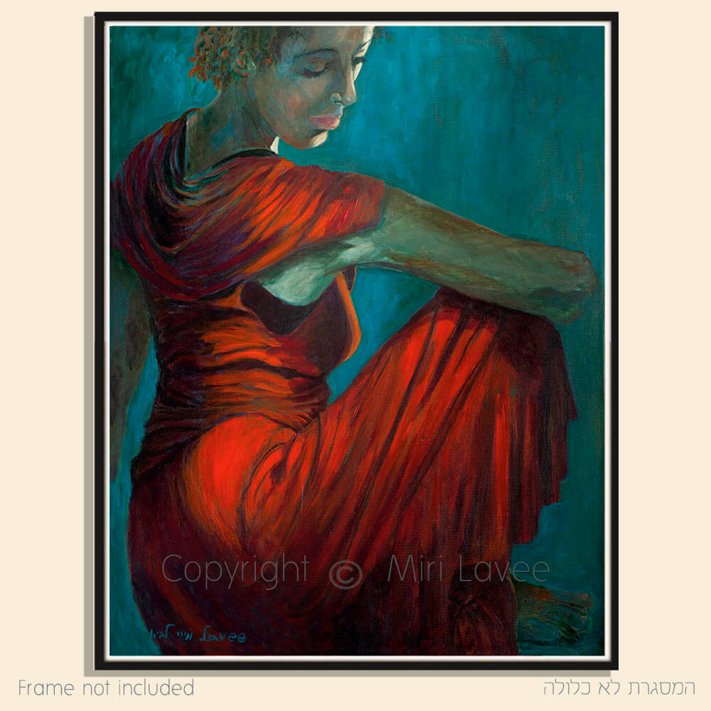 ציור אישה יושבת בשמלה אדומה ציירת מירי לביא