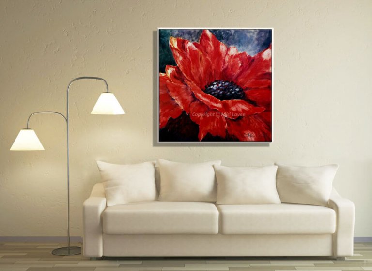 ציור פרח גדול של כלנית אדומה לעיצוב הבית. ציירת מירי לביא