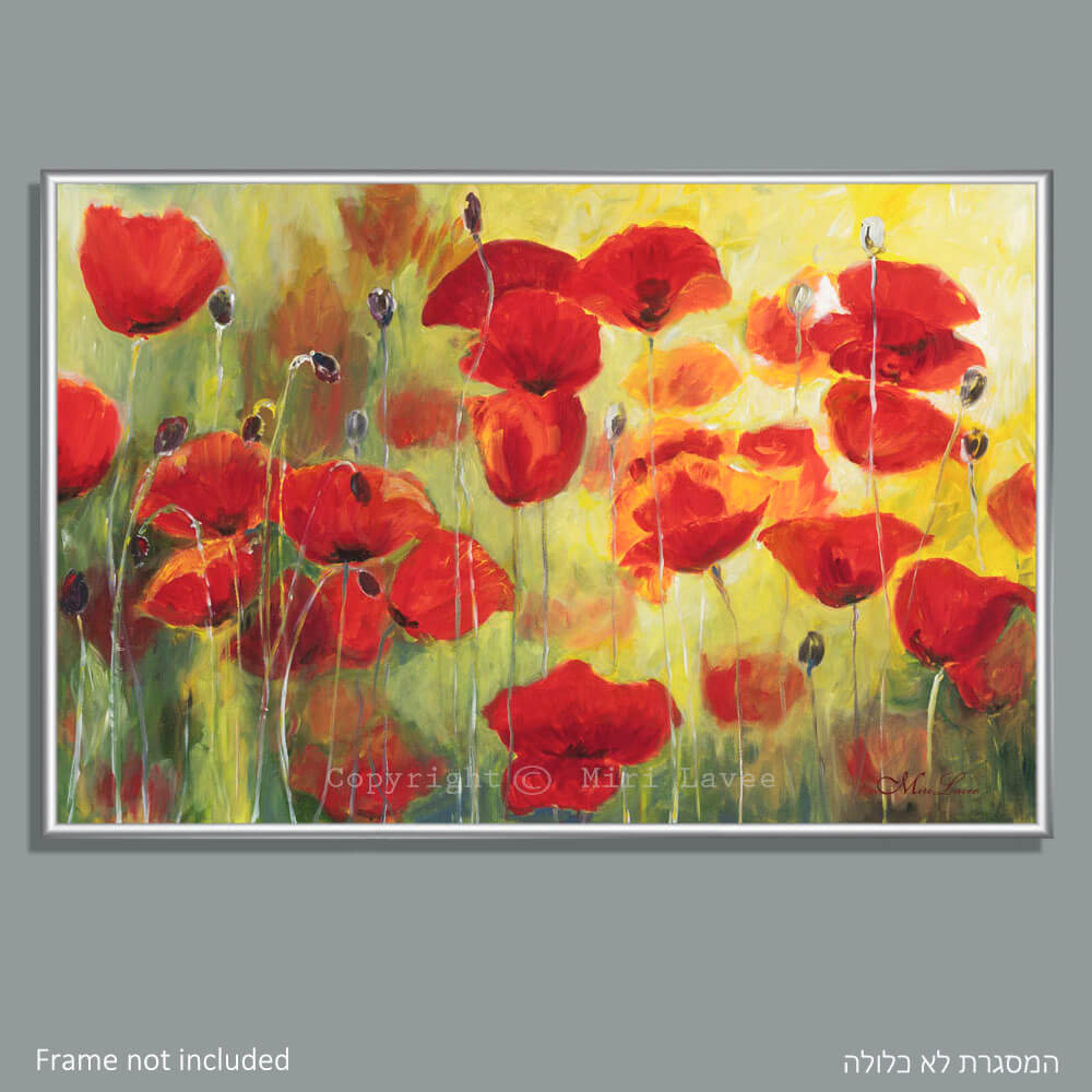 ציור פרגים אדומים תמונה של פרחים מוארים בשמש ציירת מירי לביא