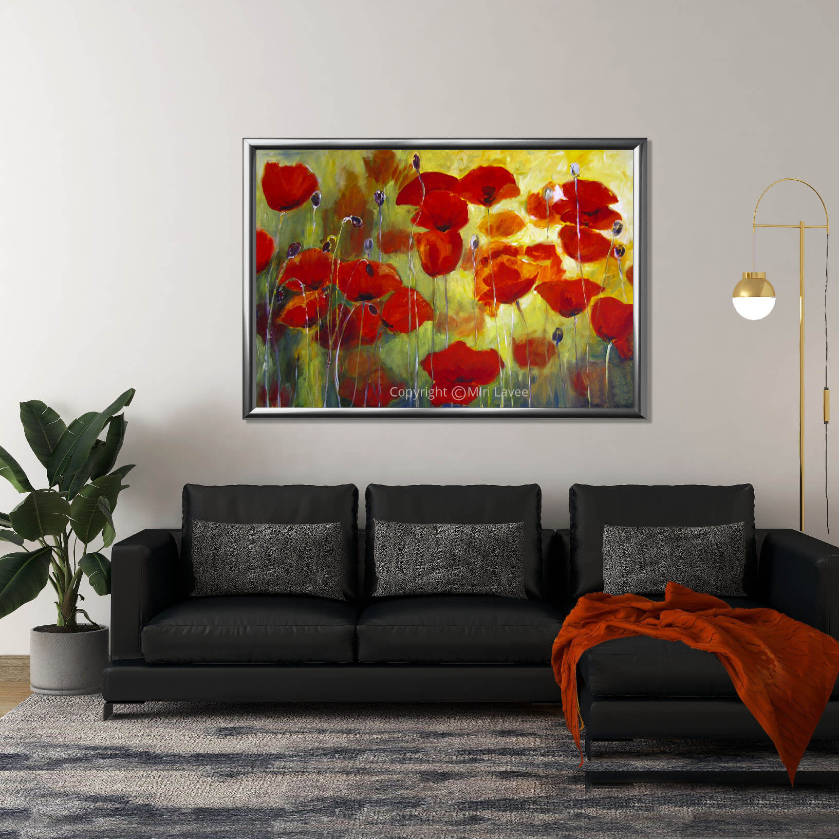 ציור פרגים אורגינלי תמונת פרחים אדומים בסלון מעוצב מעל ספה שחורה