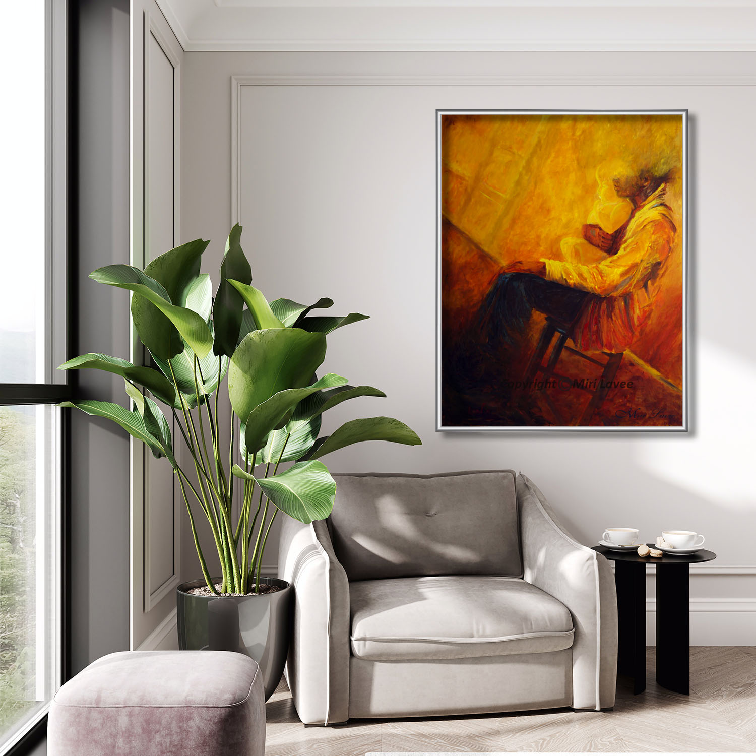 ציור אבא ותינוק בצבעים חמים אדום כתום וצהוב תמונה בפינת ישיבה מעל כורסא נוחה ציירת מירי לביא