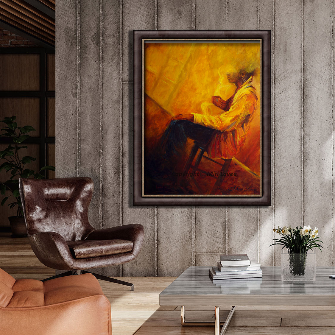 ציור אבא ותינוק בצבעים חמים אדום כתום וצהוב תמונה בסלון בעיצוב גברי ציירת מירי לביא