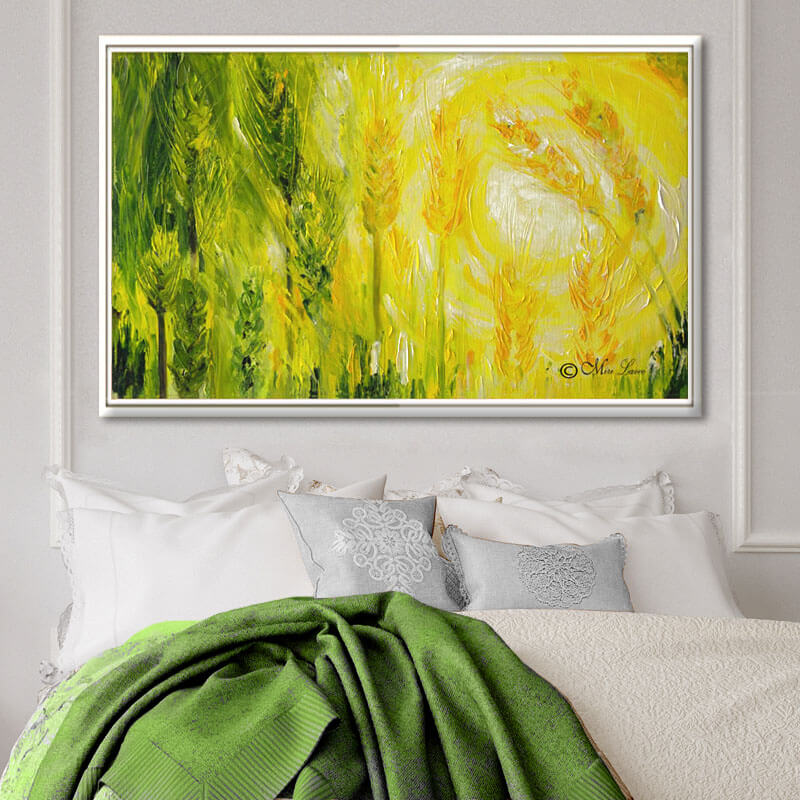 ציור נוף גדול של חיטה ירוקה רעננה בזריחה בגווני ירוק בחדר שינה