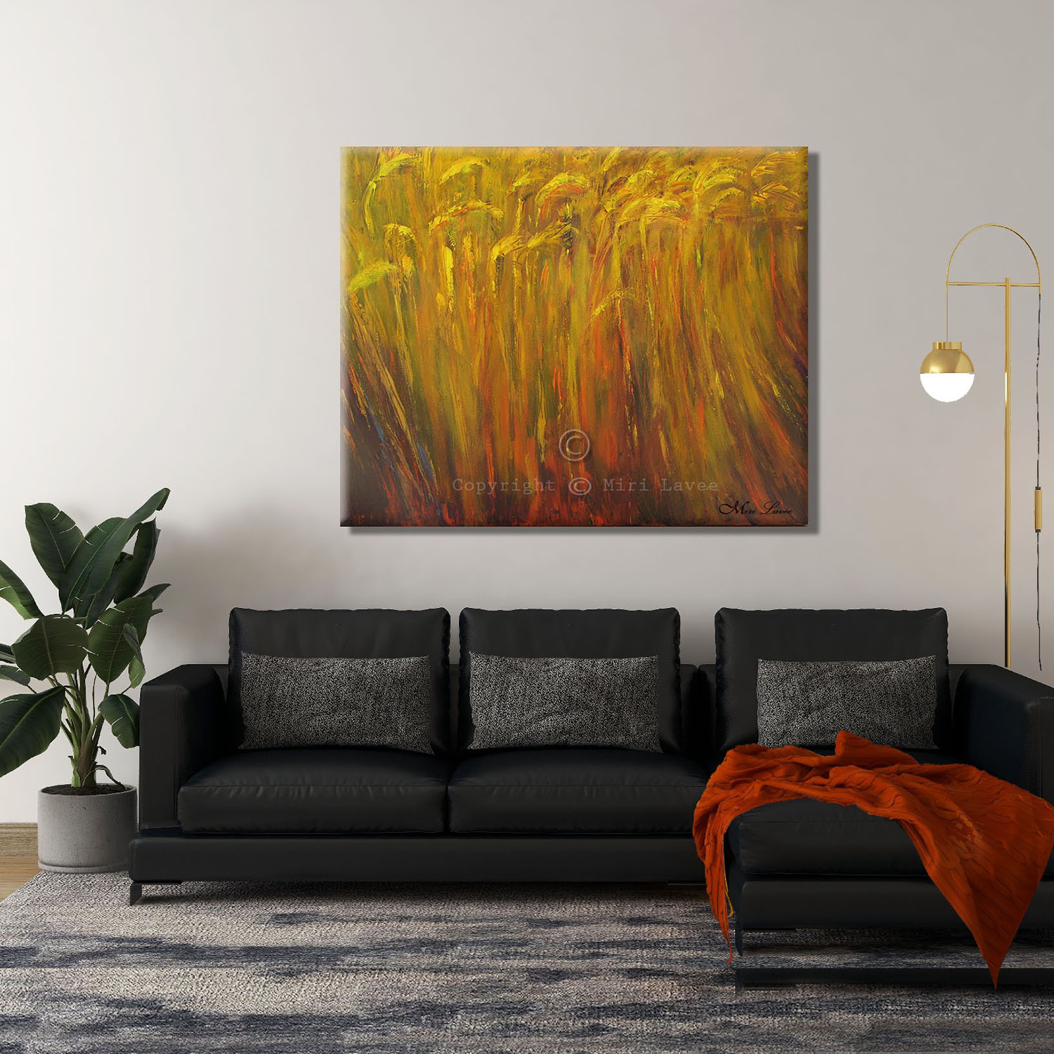 ציור חיטה ברוח ציור טבע מופשט תמונה מעל הספה בסלון ציירת מירי לביא