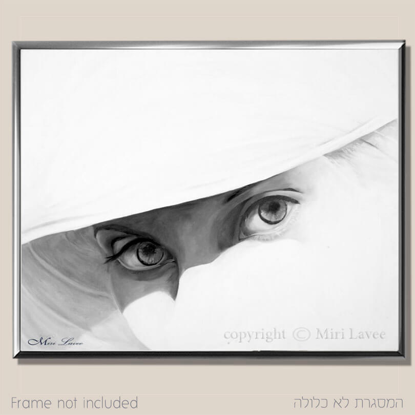 ציור של עיניים בצבעי שמן אפורים על רקע לבן צל על עיניה תמונה גדולה ציירת מירי לביא