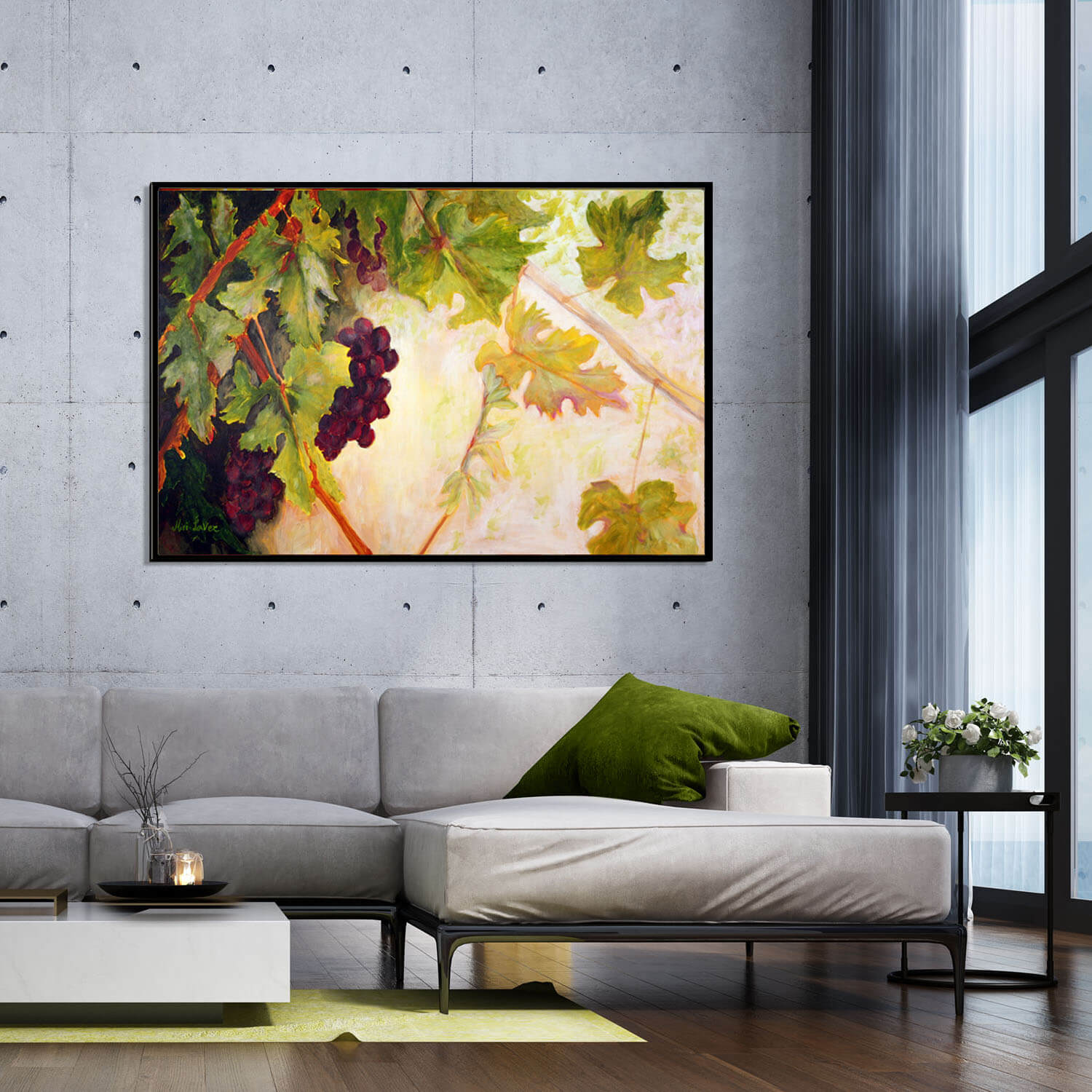 ציור גפן באור זריחה אורגינלי תמונה מעל ספה בסלון ציירת מירי לביא