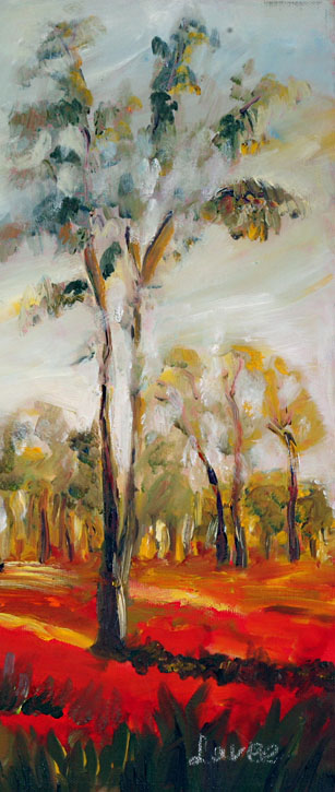 ציור נוף עץ בשדה כלניות אדומות