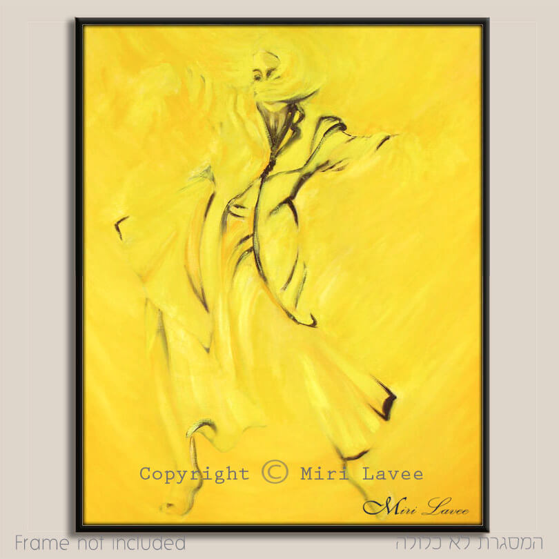 אישה רוקדת באור זהוב ציור גדול ציירת מירי לביא