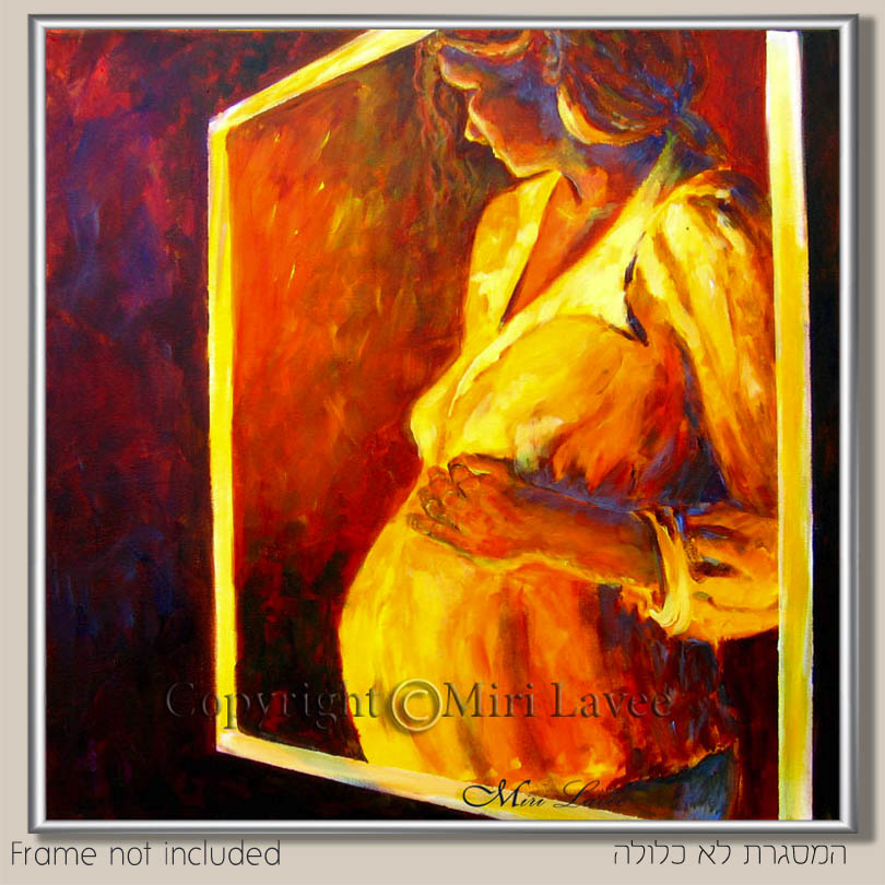 ציור אישה בהריון השתקפות במראה תמונה בגוונים כתומים צהובים וחומים ציירת מירי לביא