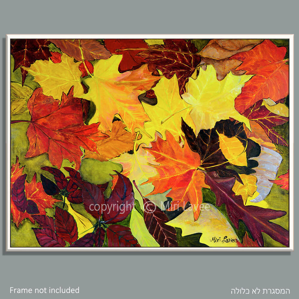 ציור עלים בסתיו בצבעים חמים תמונה של עלים צבעוניים ציירת מירי לביא
