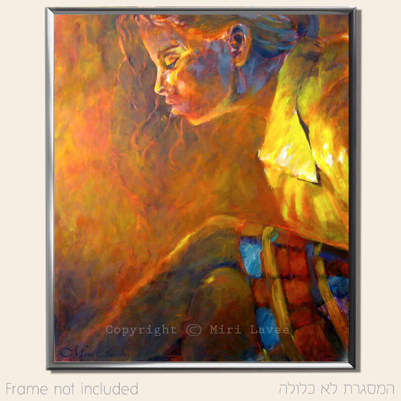 ציור נערה עם שיער גולש וחצאית קפלים תמונה בצבעים חמים כתום צהוב ואדום ציירת מירי לביא