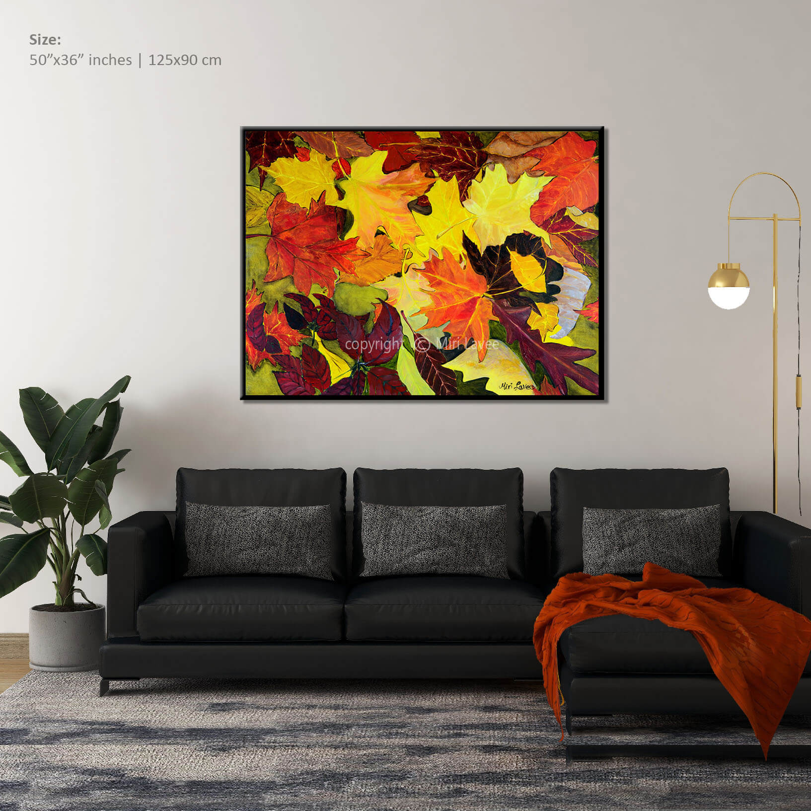 ציור אוריגינלי צבעוני מלא שמחה של עלים בסתיו מעל ספה בסלון