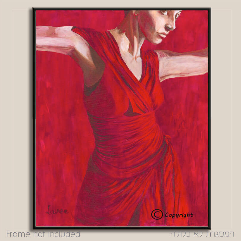 ציור אישה רוקדת בשמלה אדומה ורקע אדום ציירת מירי לביא
