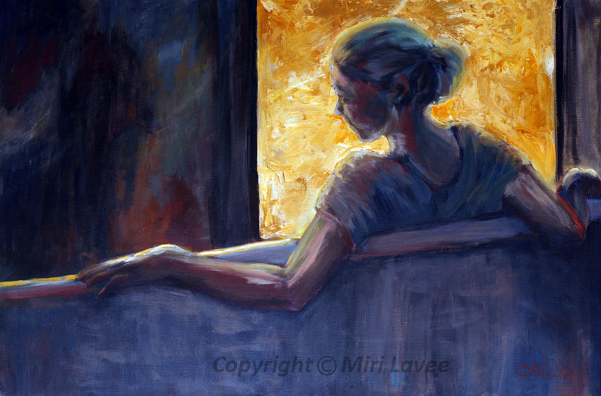 ציור אישה יושבת אל מול חלון מואר