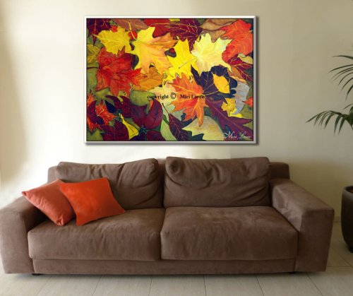 ציור אוריגינלי צבעוני מלא שמחה של עלים בסתיו בצבעי שלכת, ציירת מירי לביא.
