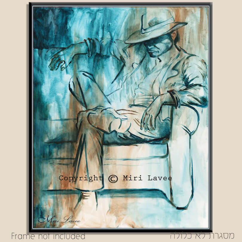 ציור גבר עם כובע יושב רגל על רגל ציירת מירי לביא