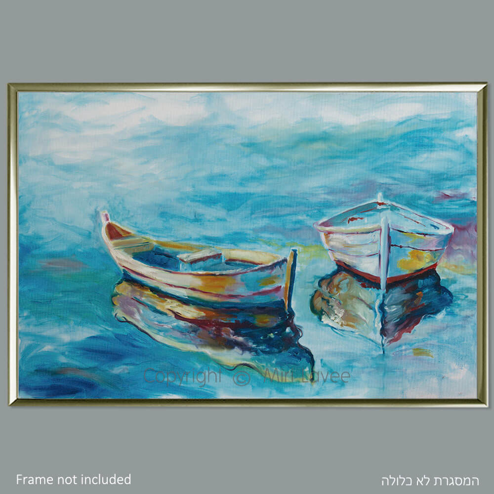 ציור של סירות בים כחול תמונה עם השתקפויות צבעוניות ציירת מירי לביא